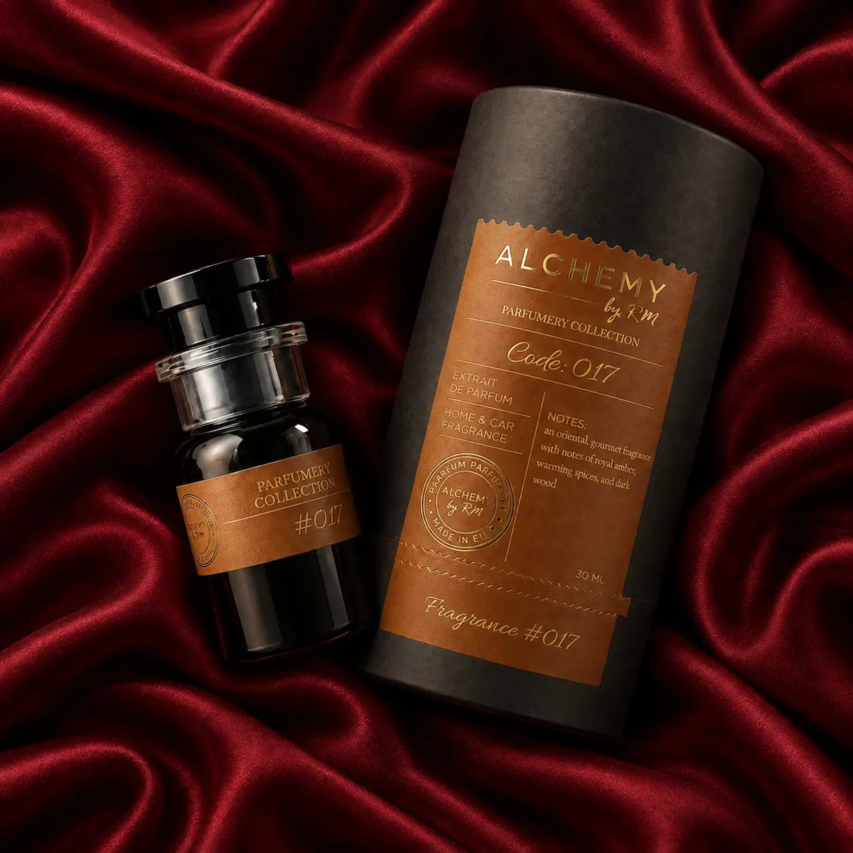 Namų ir automobilio kvapas Alchemy by RM Parfumery Collection su dovanų tūba ant bordo šilko