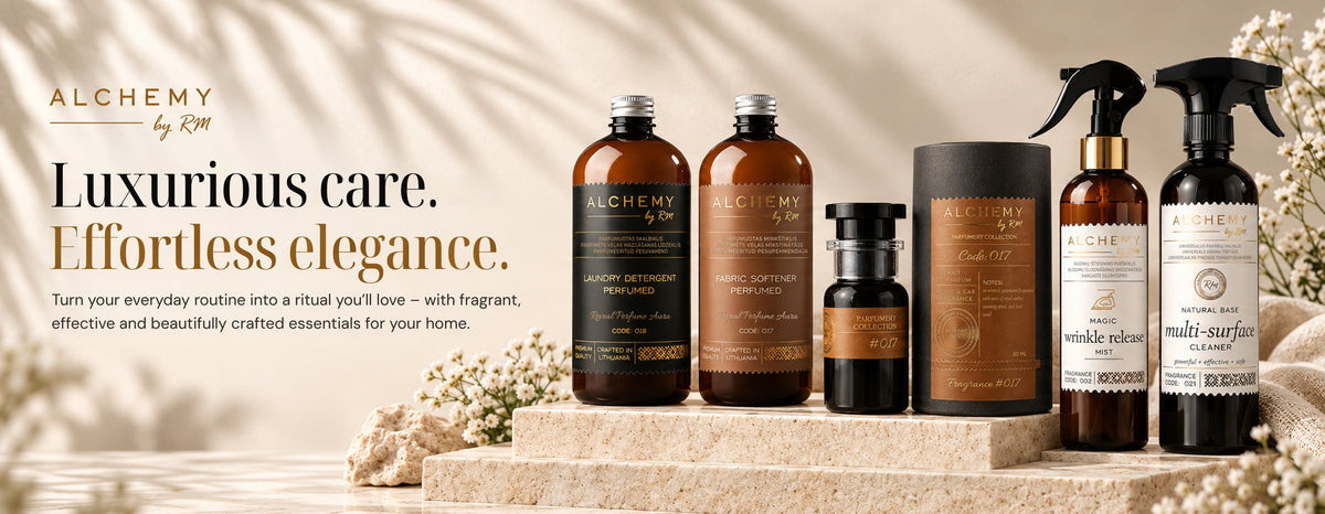 Luxurious care. Effortless elegance. Alchemy by RM scented home care products: laundry detergent, fabric softener, home and car fragrance, wrinkle release spray and multi-surface cleaner