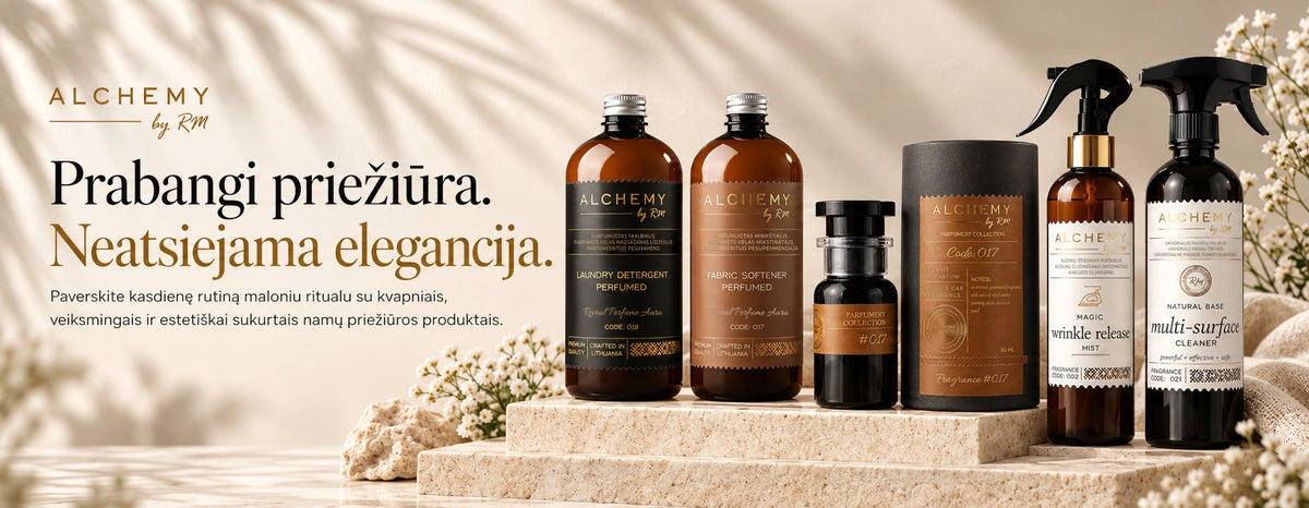 Prabangi priežiūra. Neatsiejama elegancija. Alchemy by RM parfumuoti namų priežiūros produktai: skalbiklis, minkštiklis, namų ir automobilio kvapas, audinių ištiesinimo purškiklis ir universalus paviršių valiklis