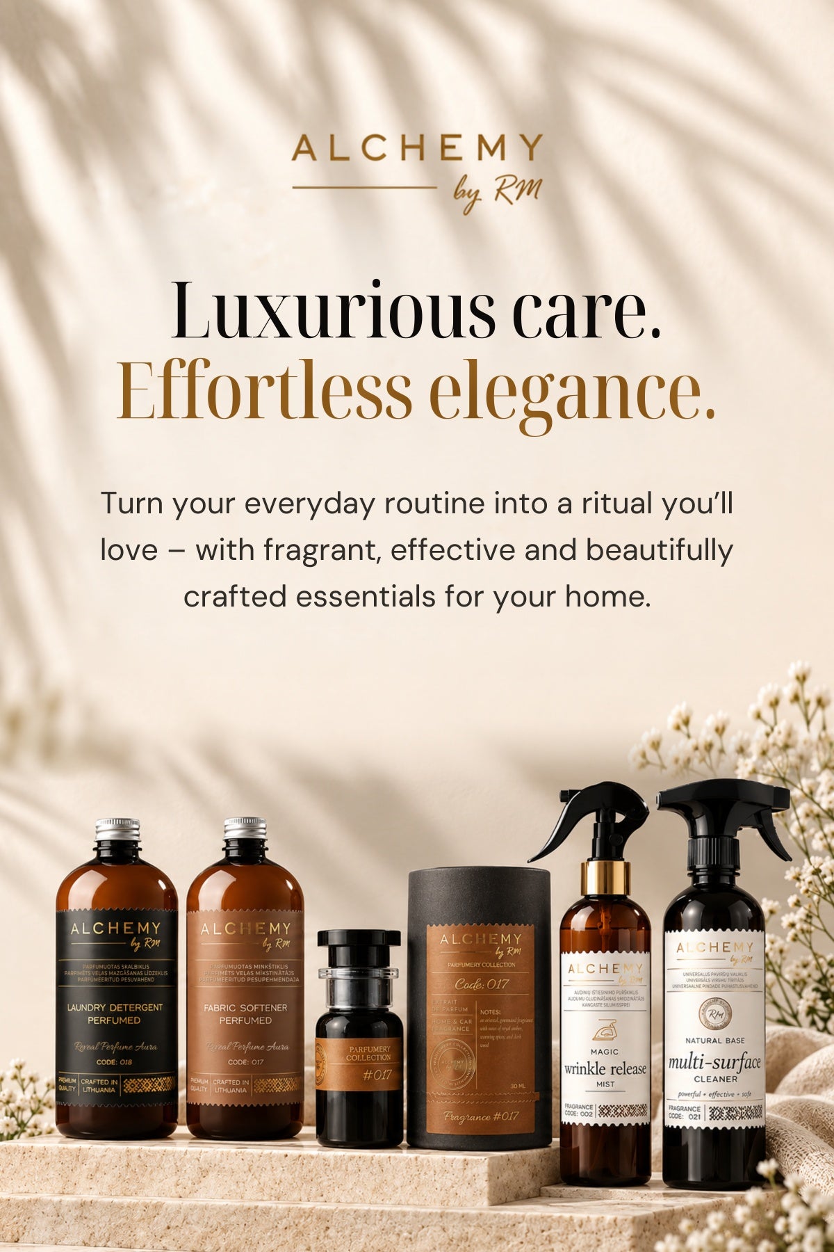 Luxurious care. Effortless elegance. Alchemy by RM scented home care products: laundry detergent, fabric softener, home and car fragrance, wrinkle release spray and multi-surface cleaner